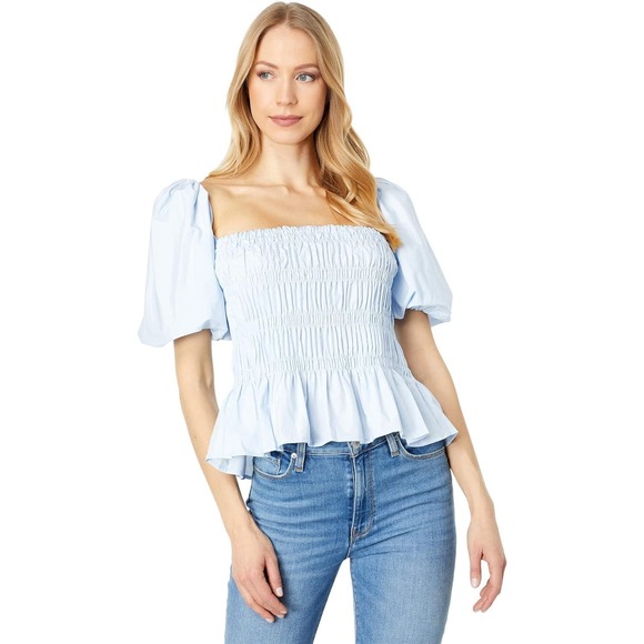 Astr Tops - ASTR Women's Light Blue Savina Square Neck Puff Sleeve Smocked Blouse Size Small